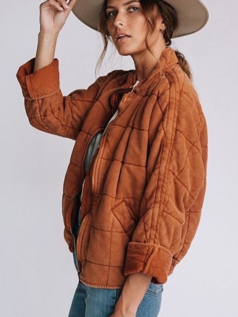 Free People Dolman Quilted Jacket Terracotta Casual Coat Size Small Oversized